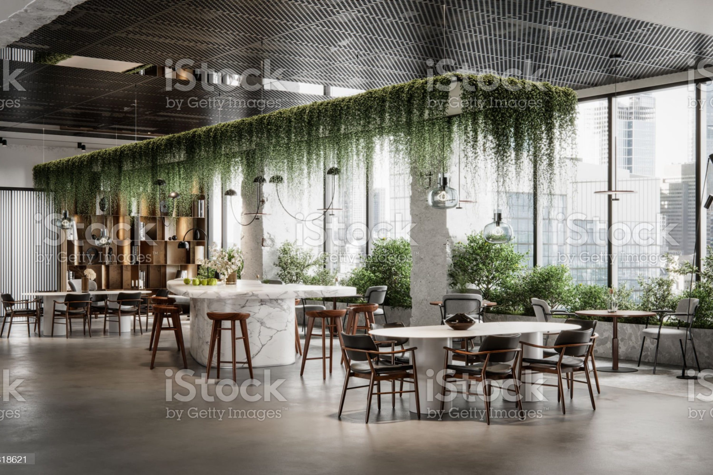 Computer generated image of an green office interior. Modern office cafeteria with plants in 3D render.