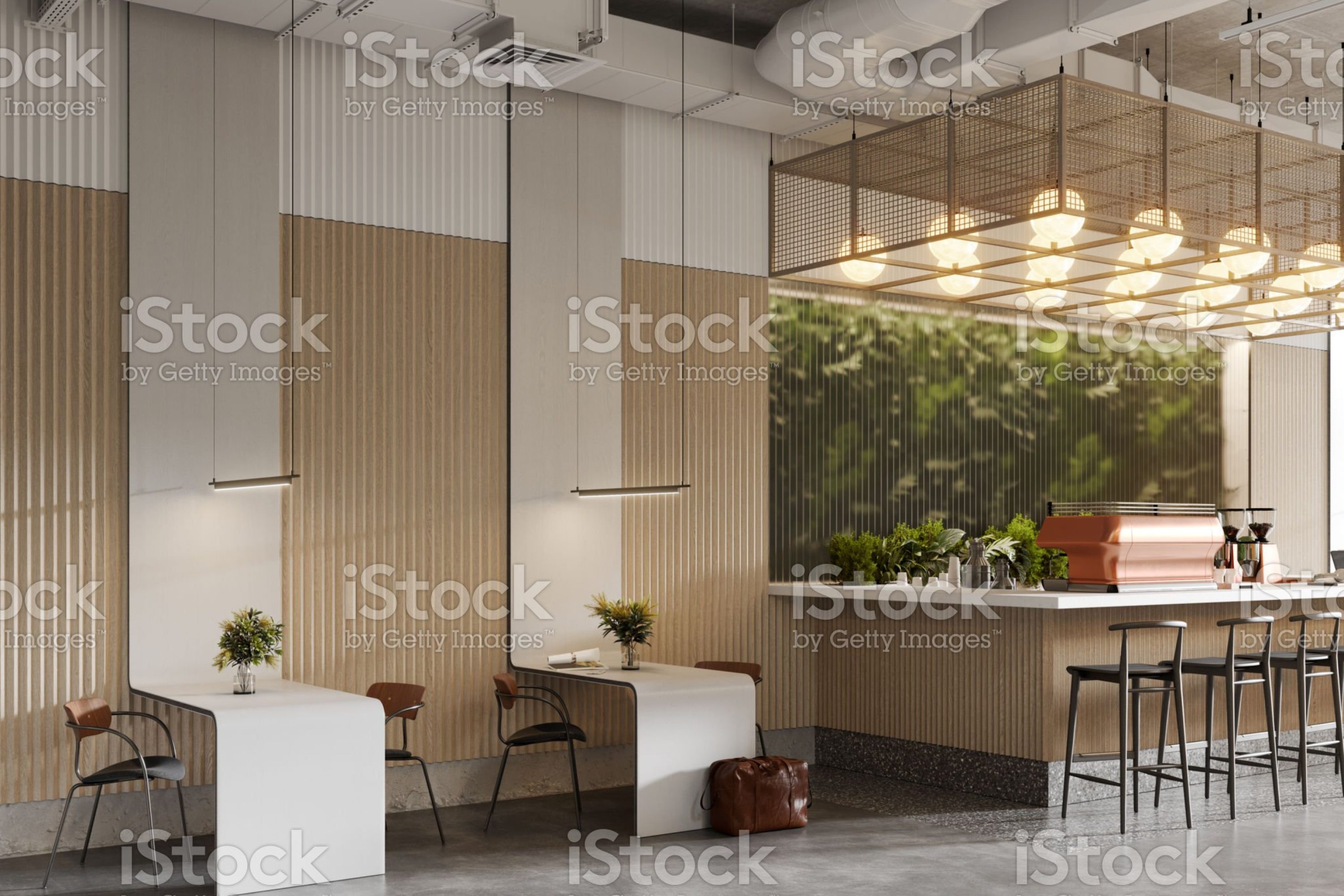 Computer-generated image of creative office cafe. Environment-friendly office cafe area with tables and chairs..